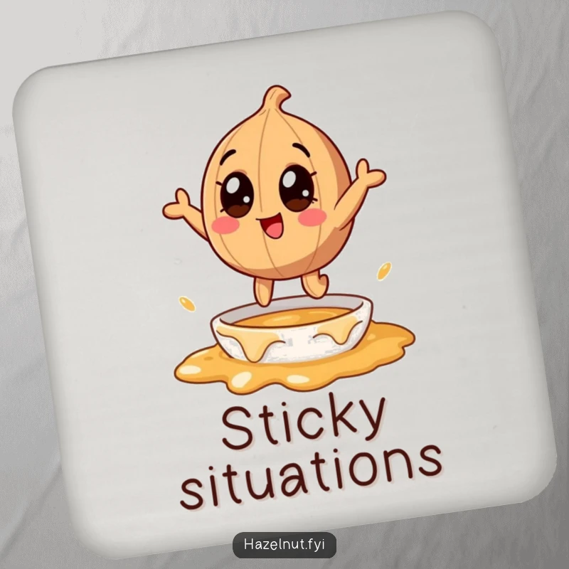 Funny hazelnut character leaping into caramel, depicted on a drink coaster, offering surface protection with sweet humor for gifts.
