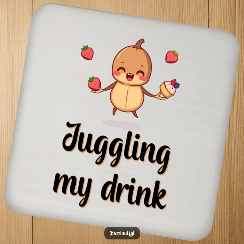Funny, mischievous hazelnut juggling three tiny berry pastries, depicted on a functional drink coaster, protecting surfaces with humor.
