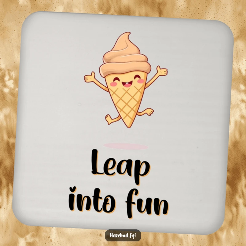 Funny Hazelnut ice cream cone coasters with tiny legs leaping joyfully, adding hilarious protection to tables.