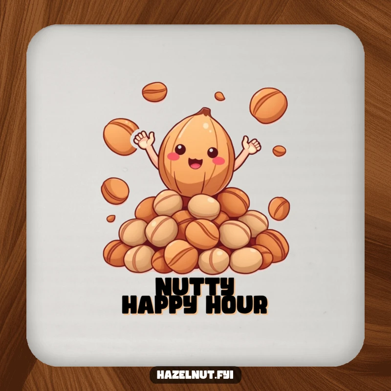 Funny Hazelnut Coaster: a cheerful hazelnut with small arms waving from a pile of roasted nuts, protecting surfaces, a funny gift.