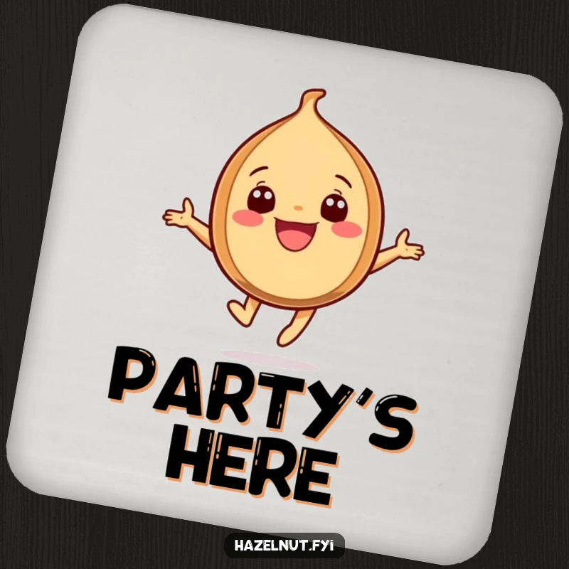 Funny Leaping Hazelnut Coasters, featuring a grinning hazelnut character leaping high, protecting your furniture.