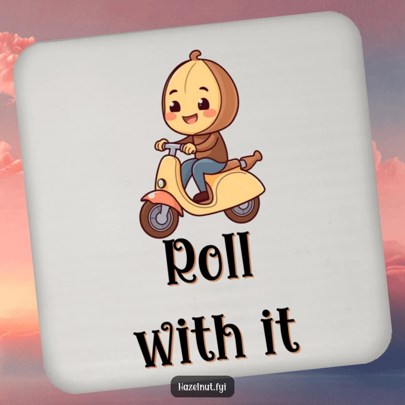 Funny Hazelnut Drink Coaster featuring a hazelnut riding a rolling pin scooter, adding a humorous touch to any table setting.