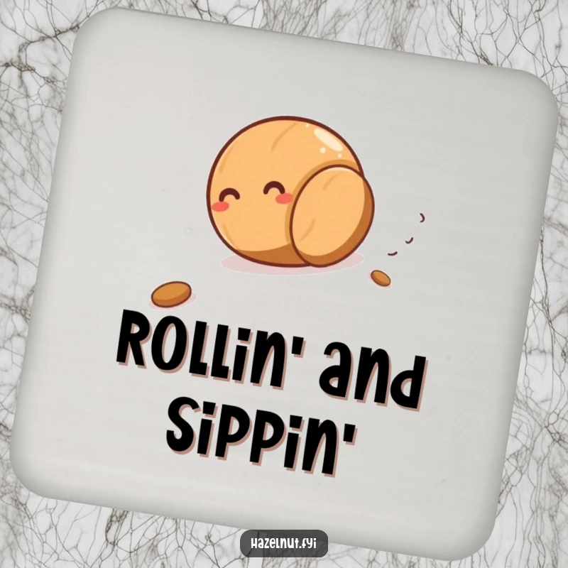 Funny hazelnut giggling as it rolls downhill on a drink coaster, protecting surfaces with nutty humor and charm.