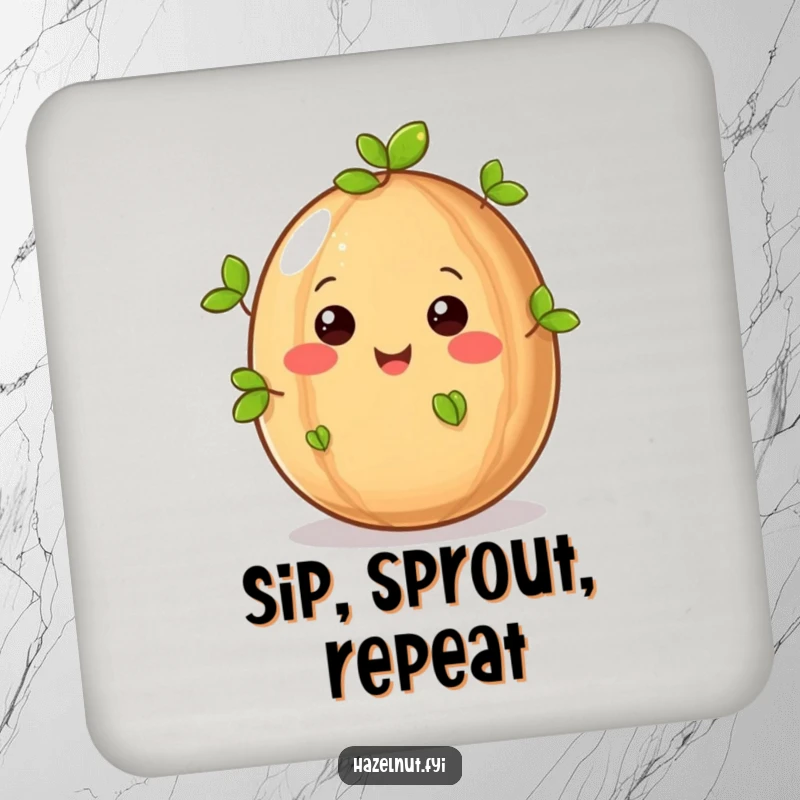 Funny hazelnut character sprouting green leaves on a drink coaster, protecting surfaces with whimsical charm and nature-inspired humor.