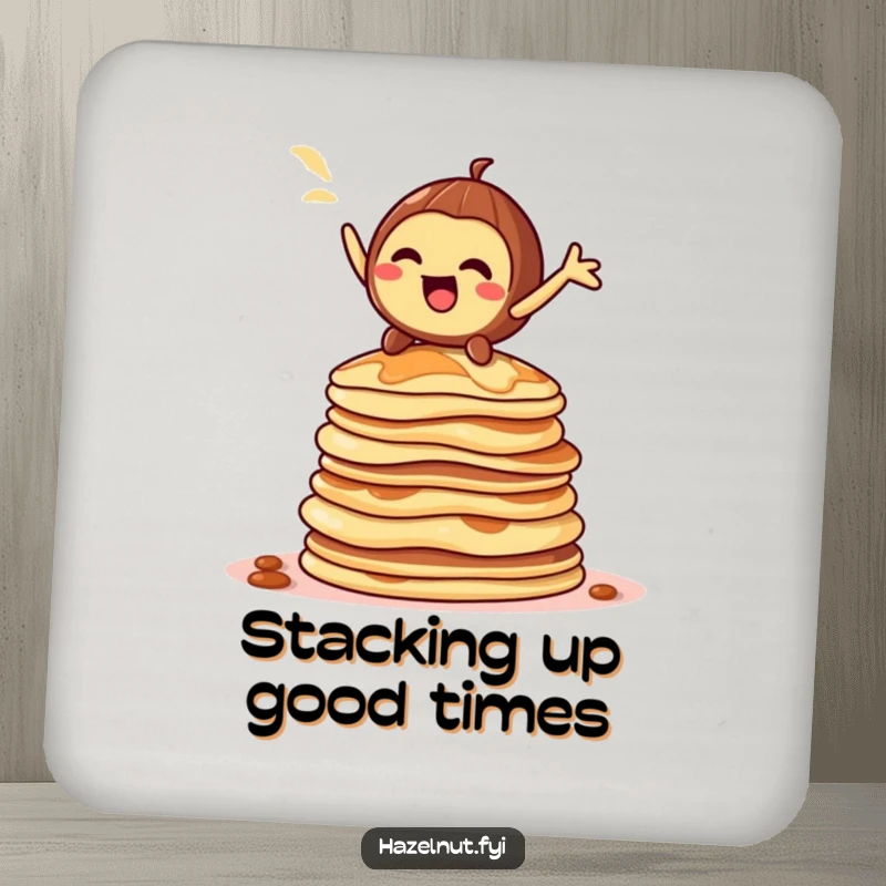 Funny hazelnut character coasters, striking a dramatic pose on a towering stack of pancakes, humorous and protective table accessories.