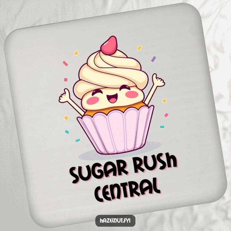 Funny coaster with a happy cupcake throwing confetti, adding a festive and humorous touch to surfaces.