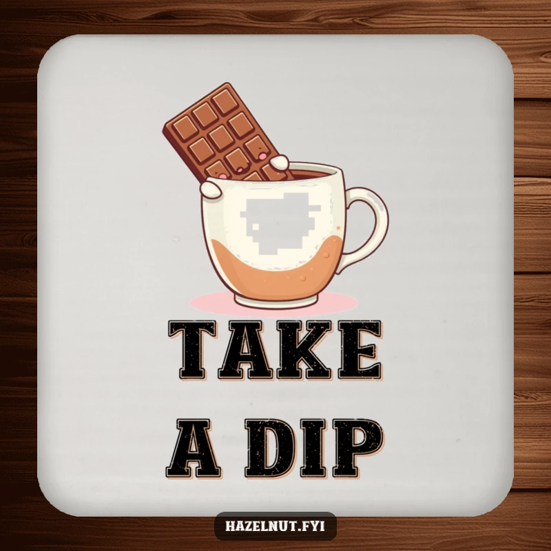 Funny drink coaster featuring a blushing chocolate bar leaping into a coffee mug, a humorous protective accessory.