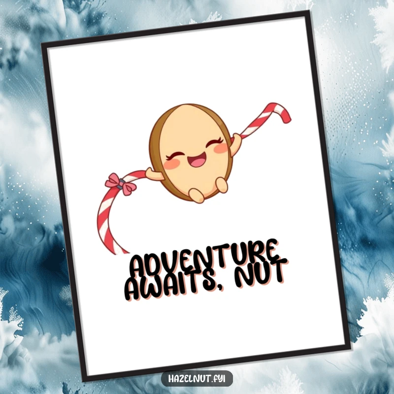 Funny Sliding Hazelnut Poster: A giggling character with a mischievous grin sliding down a licorice rope, perfect for adventurous decor.