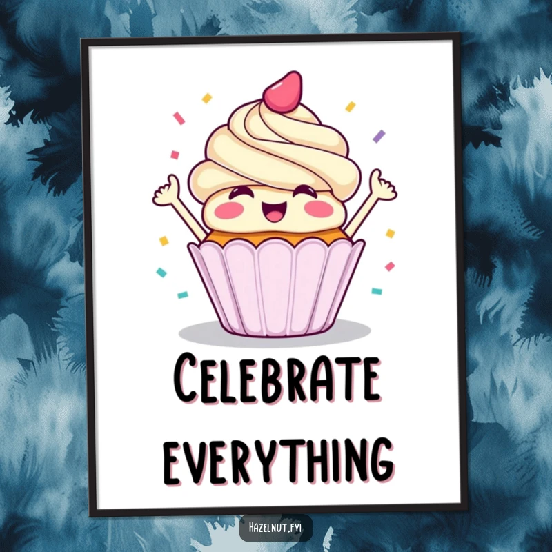 Funny poster of a delighted cupcake joyfully launching confetti, creating a festive and happy atmosphere.