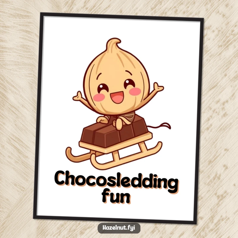 Funny Poster: A delighted hazelnut character rides a tiny chocolate bar like a sled, bringing sweet adventures and nutty artistic fun.