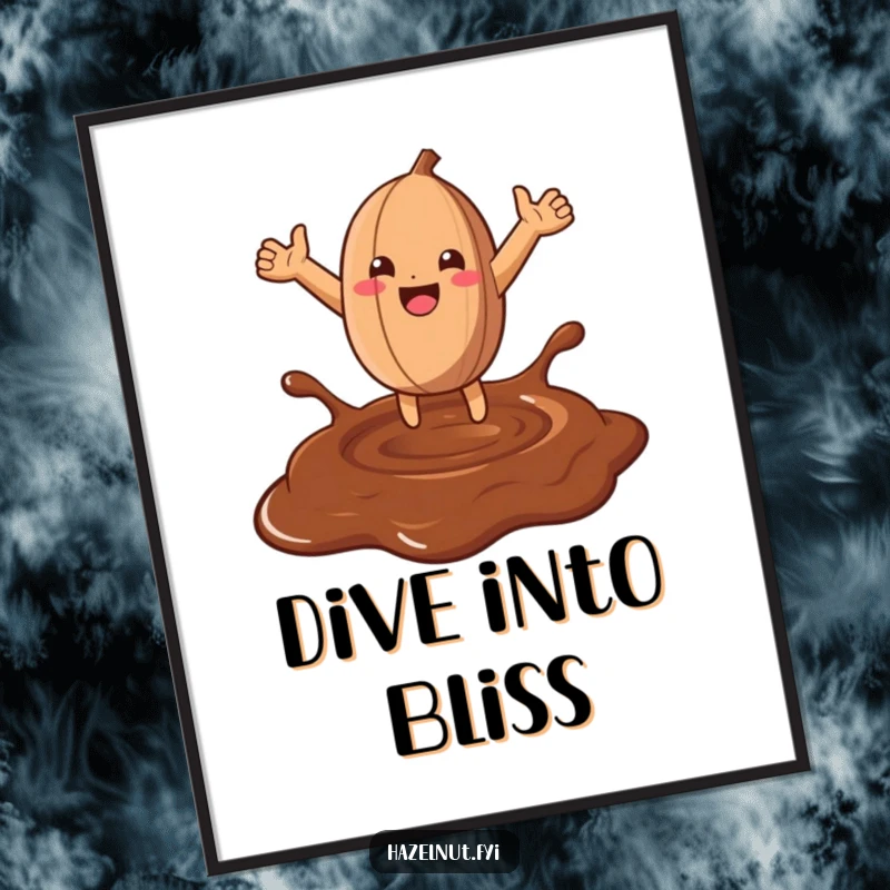 Funny Hazelnut Chocolate Leap Poster: A cheerful hazelnut diving into chocolate, adding a humorous and sweet touch to wall art.