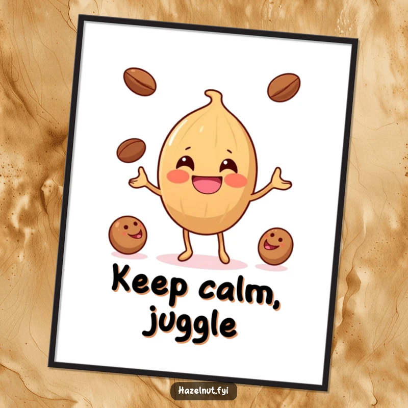Funny Hazelnut Coffee Bean Juggler Poster: An amusing hazelnut is depicted mid-juggle with coffee beans, adding humorous decor.