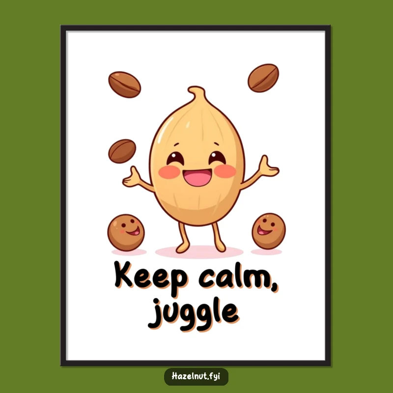 Funny Hazelnut Coffee Bean Juggler Poster: Hilarious Wall Art for Coffee Enthusiasts