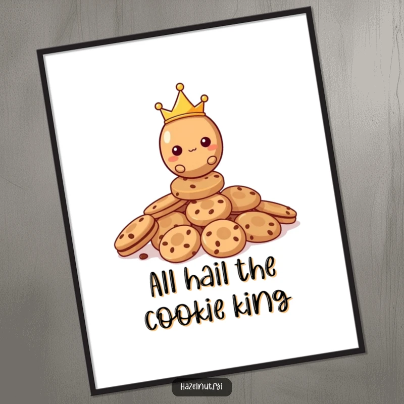Funny Hazelnut Poster featuring a crowned hazelnut king sitting majestically atop a large pile of cookies, a humorous royal decree.