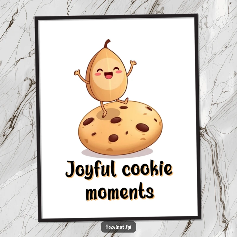 Funny poster showing a happy hazelnut dancing on a giant cookie, radiating pure happiness and sugary delight.