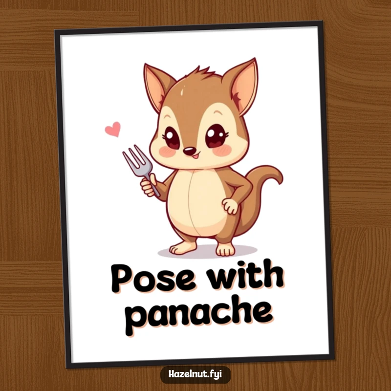 Funny poster of a stylish hazelnut striking a pose with a tiny fork, perfect for chic wall decor.