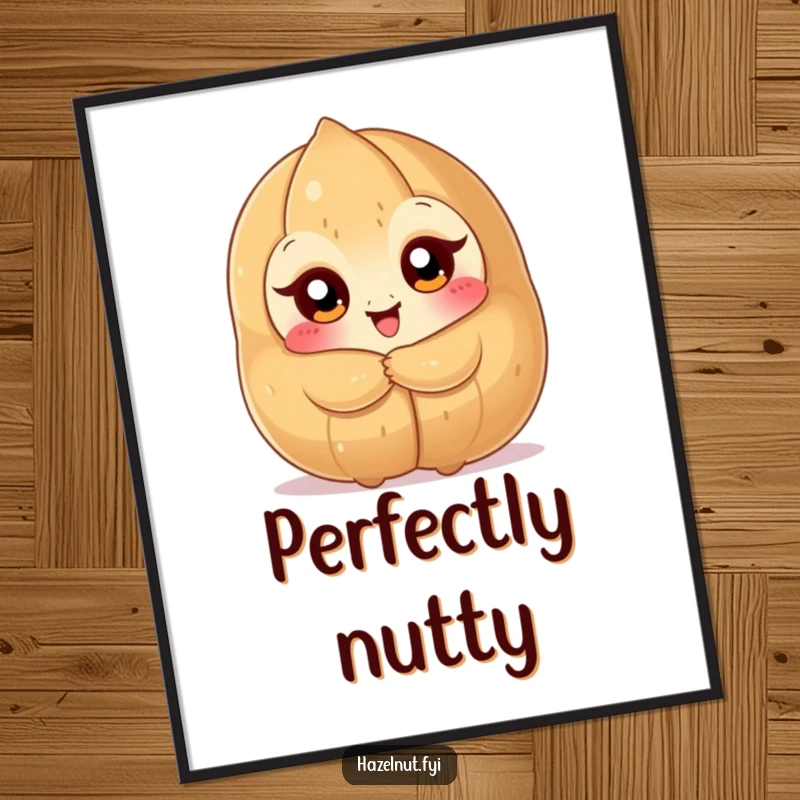 Funny Hazelnut Hug Poster: a big-eyed nutty character embracing a colossal hazelnut with immense delight, a vibrant funny gift.
