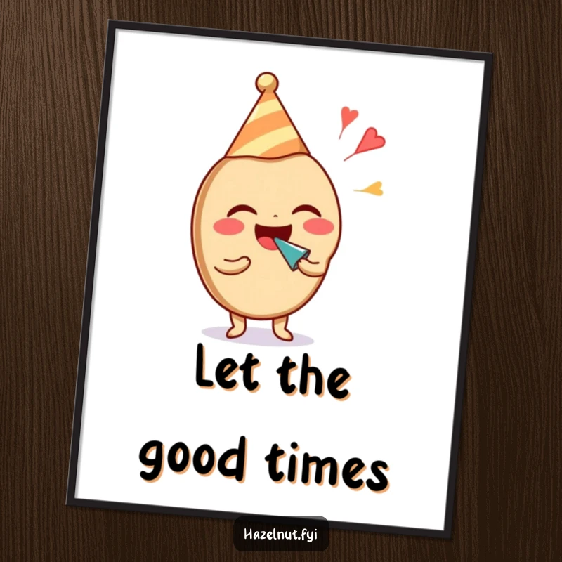 Funny hazelnut character laughing with a party hat and noisemaker, as a vibrant, humorous wall art print. Great funny gift.