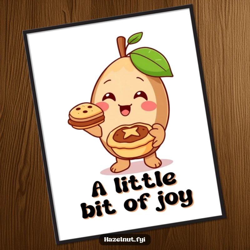 A cheerful hazelnut character offering a miniature pie with a warm smile, creating a heartwarming vibe on a poster.