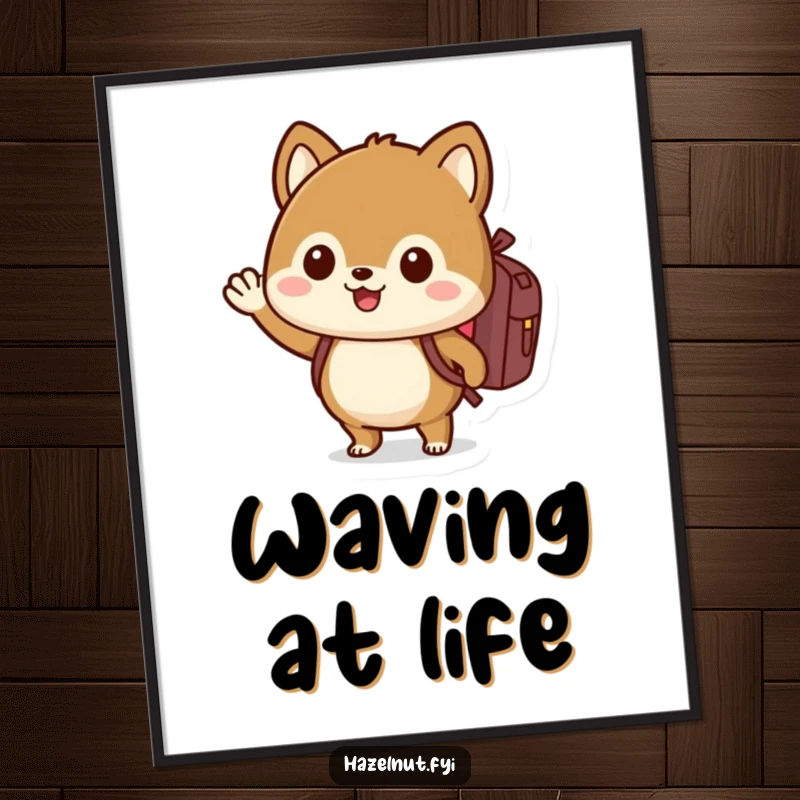 Funny hazelnut poster with a backpack, waving enthusiastically, spreading cheerful, hilarious wanderlust.