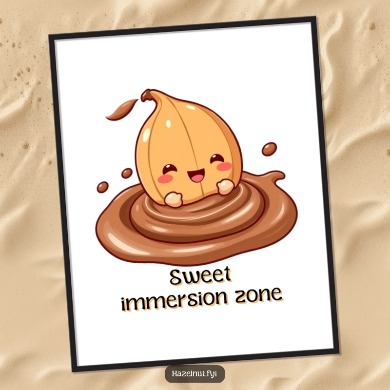 Funny poster of a cheerful hazelnut character gleefully submerging itself into a creamy, swirling chocolate dip, perfect for kitchens.