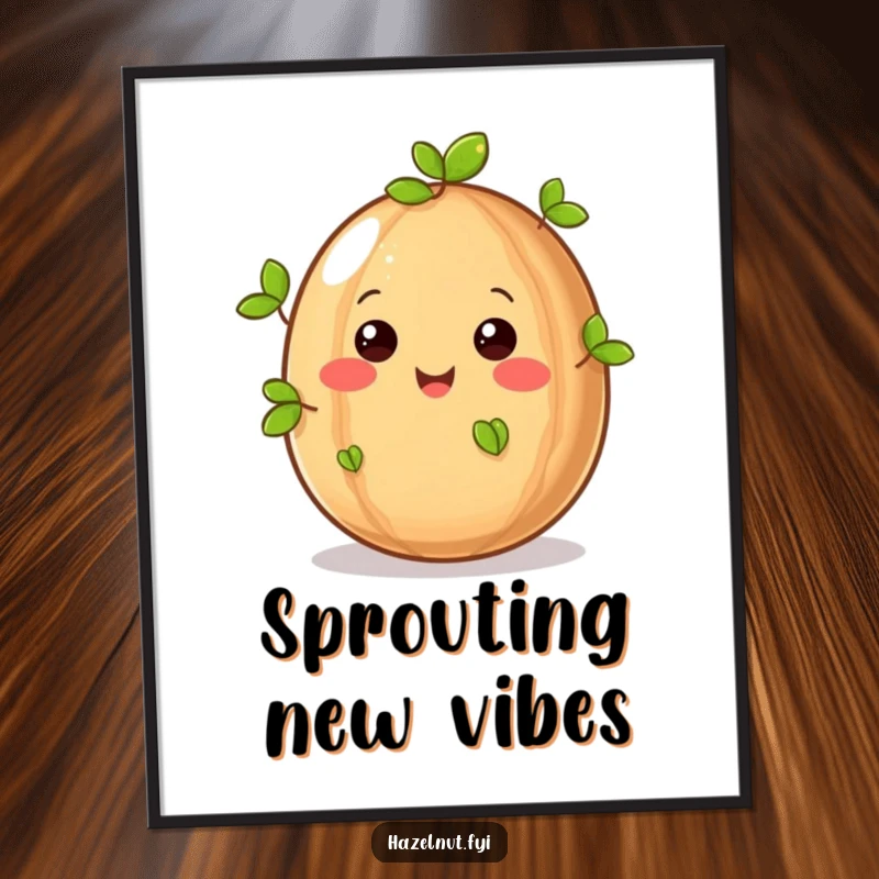 Funny, smiling hazelnut with tiny green leaves sprouting, a joyful piece of whimsical wall art poster for home decor.