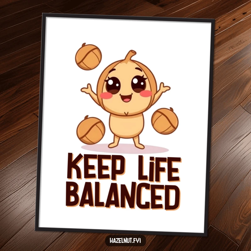 Funny Juggling Hazelnut Poster: A smiling character with big eyes playfully juggling hazelnuts, perfect for whimsical wall decor.