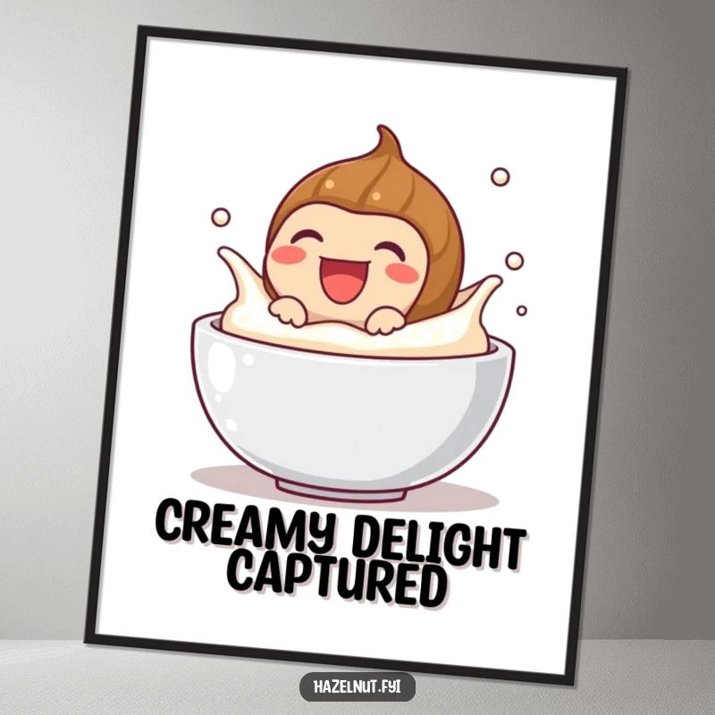 Funny poster of a laughing hazelnut splashing in cream, celebrating fun and pure joy, ideal for humorous wall decor.