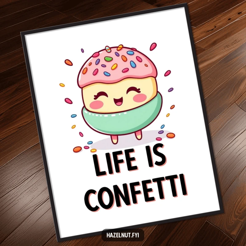 Funny poster art of a smiling macaroon joyfully juggling a playful scattering of colorful candy sprinkles, a delightful illustration.