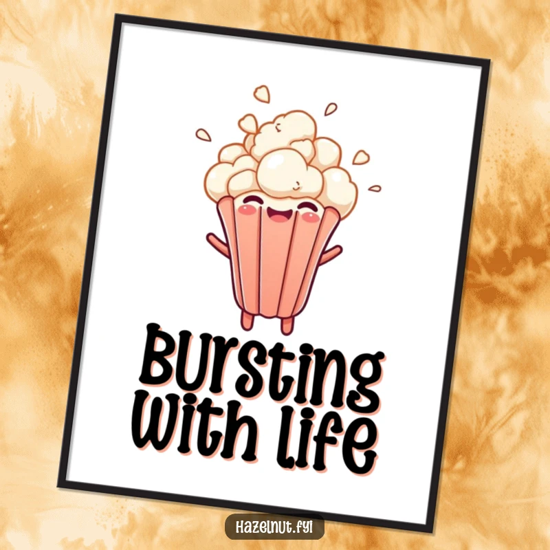 Funny poster art of a cheerful popcorn kernel exploding upwards with a wide, delighted smile, a dynamic and humorous illustration.