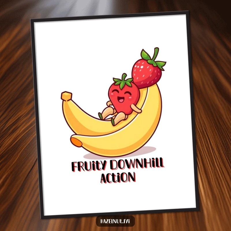 Funny poster displaying a strawberry humorously sliding down a banana peel, bringing whimsical fun and vibrant fruit art.