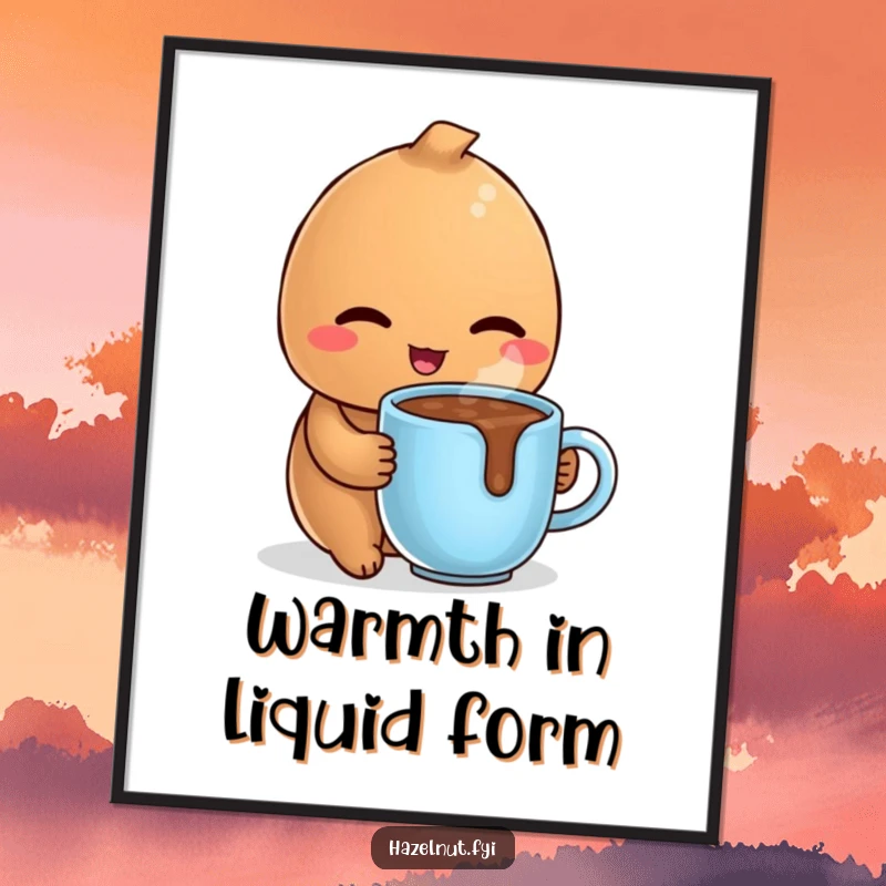 Funny poster of a delighted hazelnut winking coyly while holding a tiny, steaming mug of hot chocolate, radiating warmth and comfort.