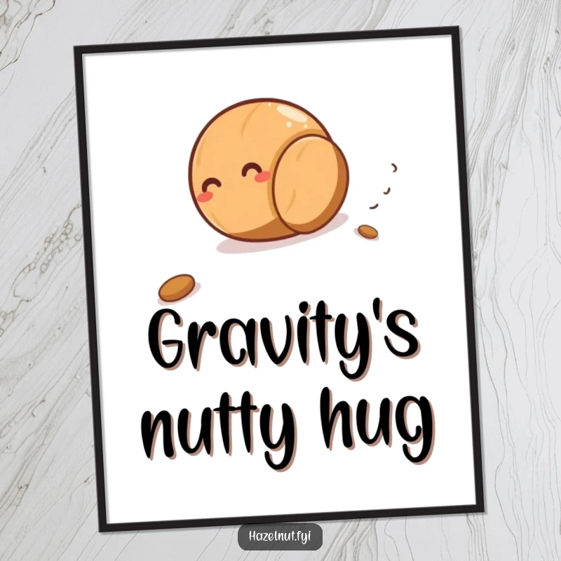 Funny, giggling hazelnut mid-roll downhill on a poster, evoking a sense of motion and hilarious nutty adventure.