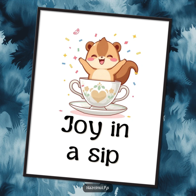 Funny, happy hazelnut balancing on a teacup, throwing confetti, displayed as a vibrant poster, perfect for festive wall decor.