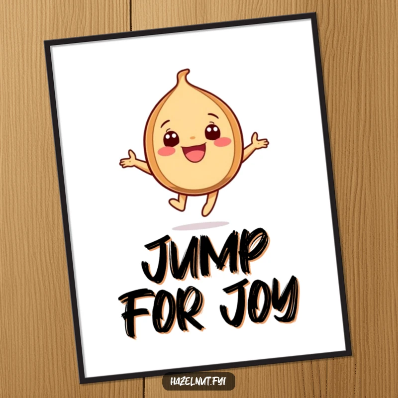 Funny Joyful Hazelnut Poster, a cheerful hazelnut with a wide grin leaping high, embodying pure happiness.