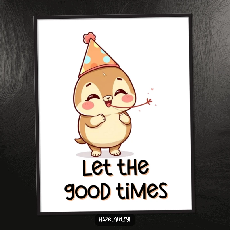A funny hazelnut character in a party hat, blowing a streamer, creating a festive and happy vibe on a poster print.