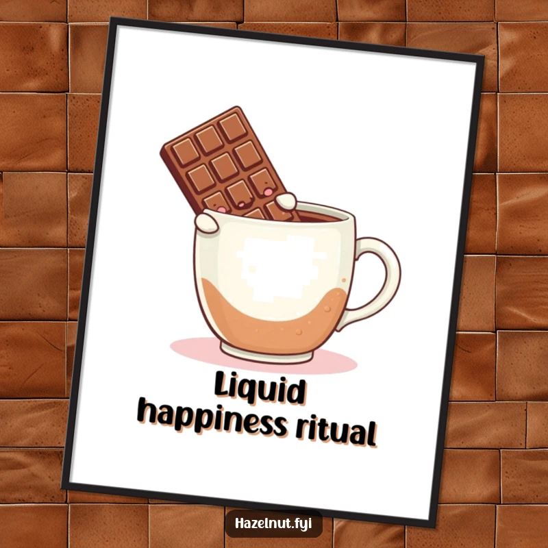 Funny poster art of a blushing chocolate bar dramatically leaping into a giant mug of coffee, a humorous and eye-catching piece.