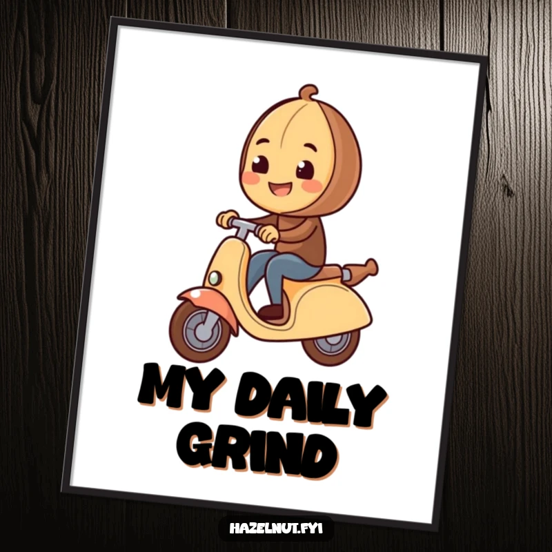 Funny Hazelnut Poster depicts a happy hazelnut speeding on a large rolling pin, styled as a scooter, for amusing decor.