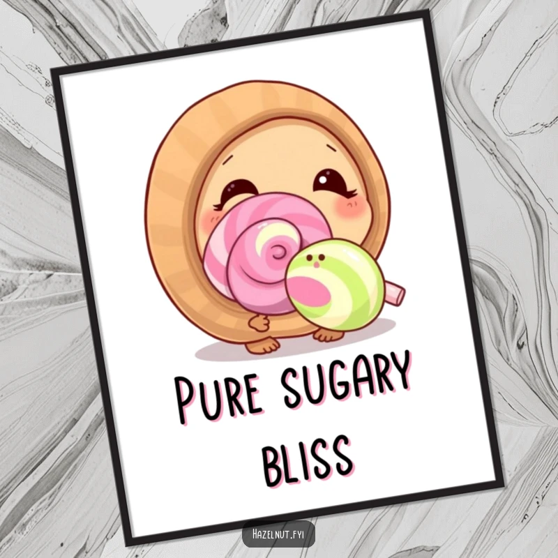 A funny hazelnut character curiously sniffing a giant lollipop with delight, creating a sweet and happy vibe on a poster.