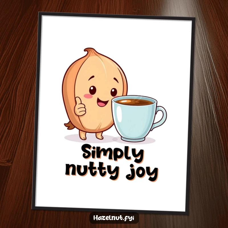 Funny Poster: A happy hazelnut gives a thumbs up beside a steaming cup, a cheerful piece for coffee lovers.