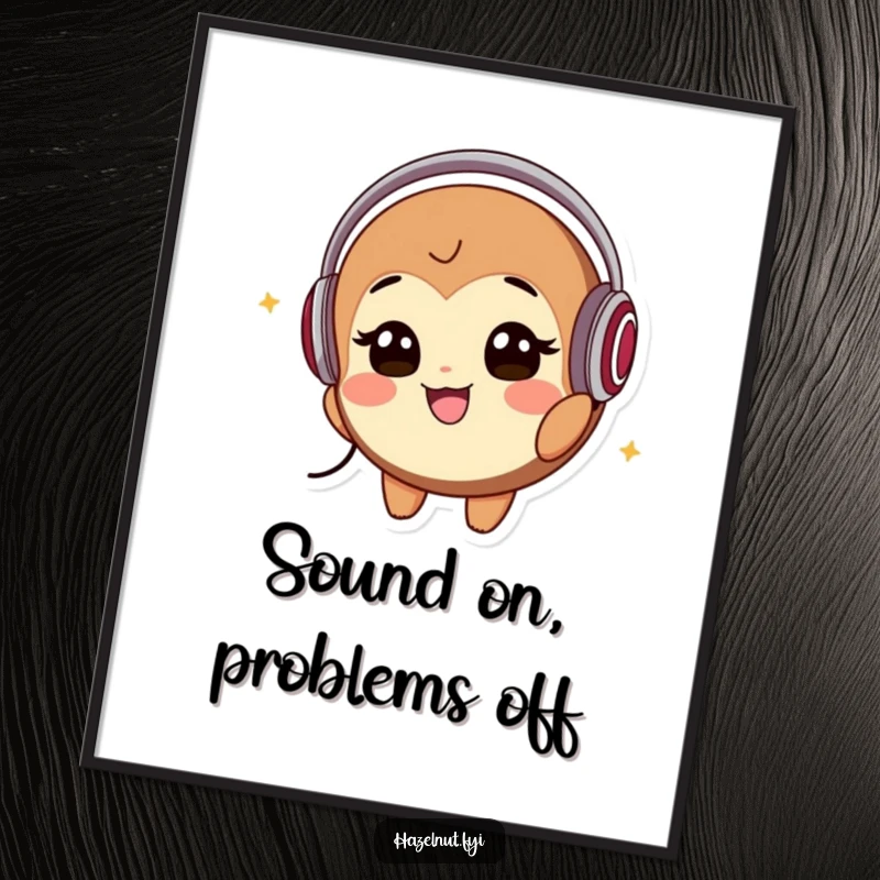 Funny Poster: A smiling hazelnut character wearing headphones bobs its head to music, bringing groovy vibes and artistic sound appreciation.