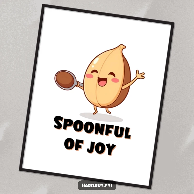 Funny poster of a joyful hazelnut dancing with a spoon, celebrating the fun and art of cooking.