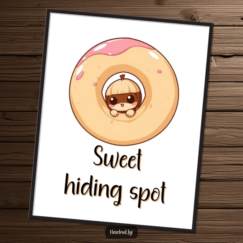 Funny poster of a curious hazelnut peeking from a giant, swirling doughnut, creating whimsical and delightful wall art.