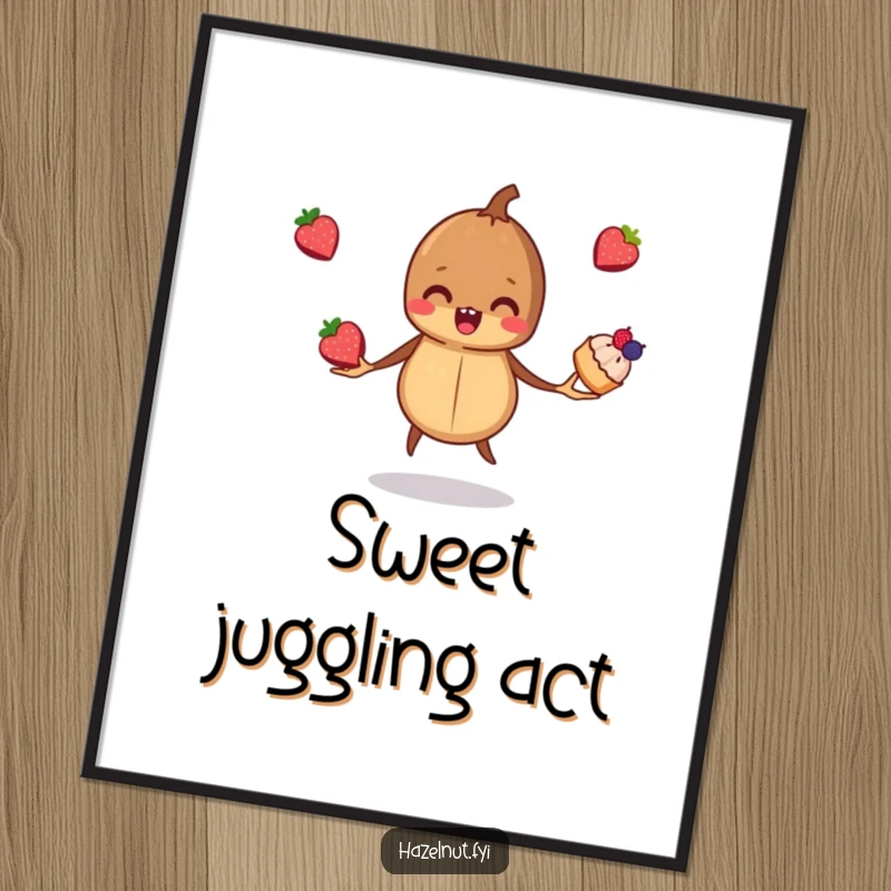 Funny, mischievous hazelnut juggling three tiny berry pastries, displayed as a vibrant poster, perfect for kitchen or cafe decor.