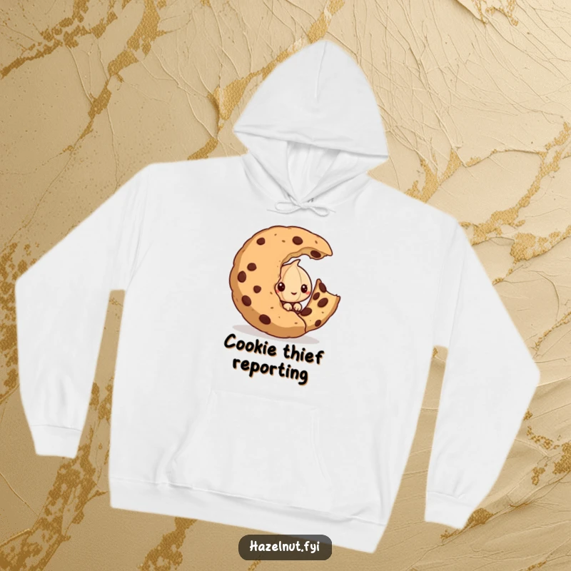 Funny hoodie showing a mischievous hazelnut hiding behind a giant, half-eaten cookie, perfect for cozy, snack-filled days.