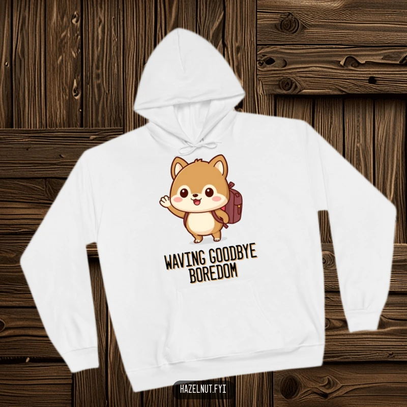 Funny hazelnut hoodie with backpack, waving enthusiastically, offering warm, humorous travel vibes.