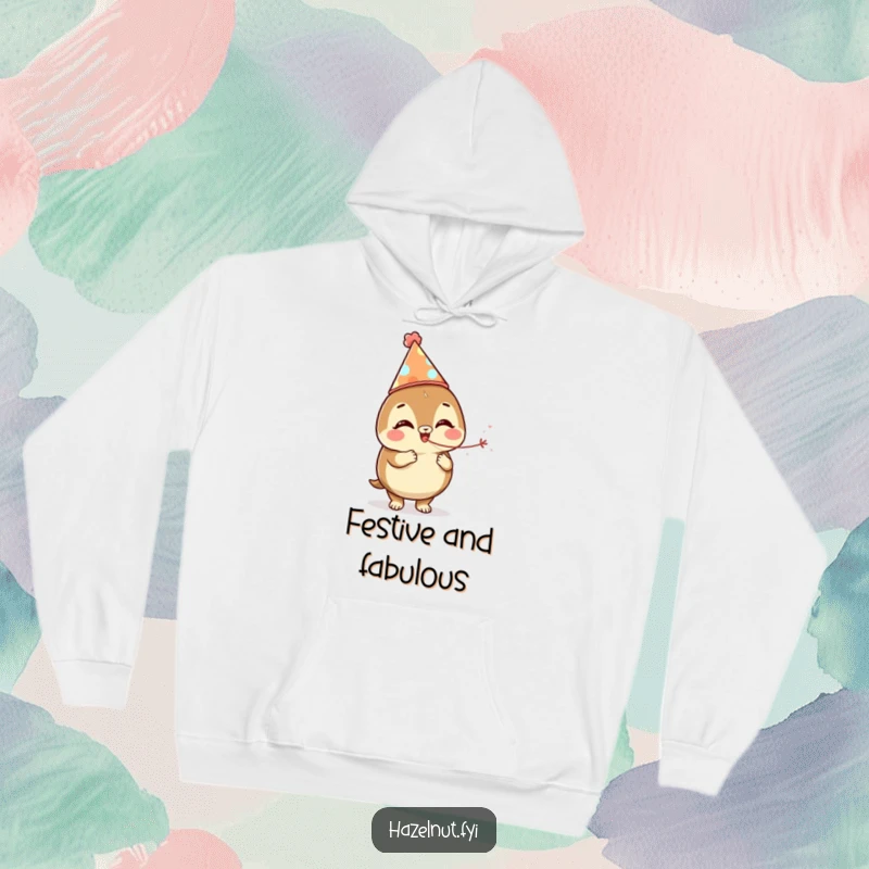 Comfortable and funny hazelnut wearing a party hat and blowing a streamer, embodying festive fun in a hoodie.