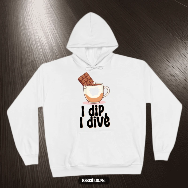 Funny hoodie depicting a blushing chocolate bar joyfully leaping into a massive cup of steaming coffee, an amusing illustration.