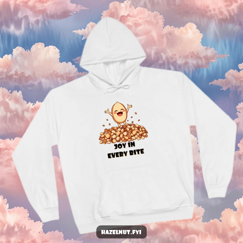 Funny Excited Hazelnut Hoodie: An excited character leaps joyfully from a pile of crunchy bits, ideal for cozy fun.