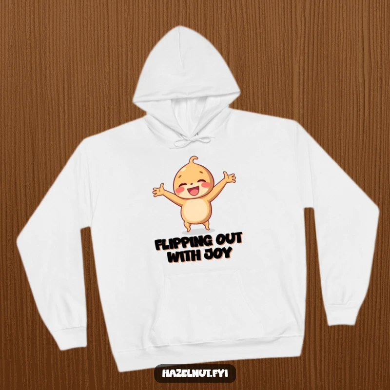 Funny hoodie featuring a laughing hazelnut doing a cartwheel with its arms outstretched, perfect for cozy amusement.